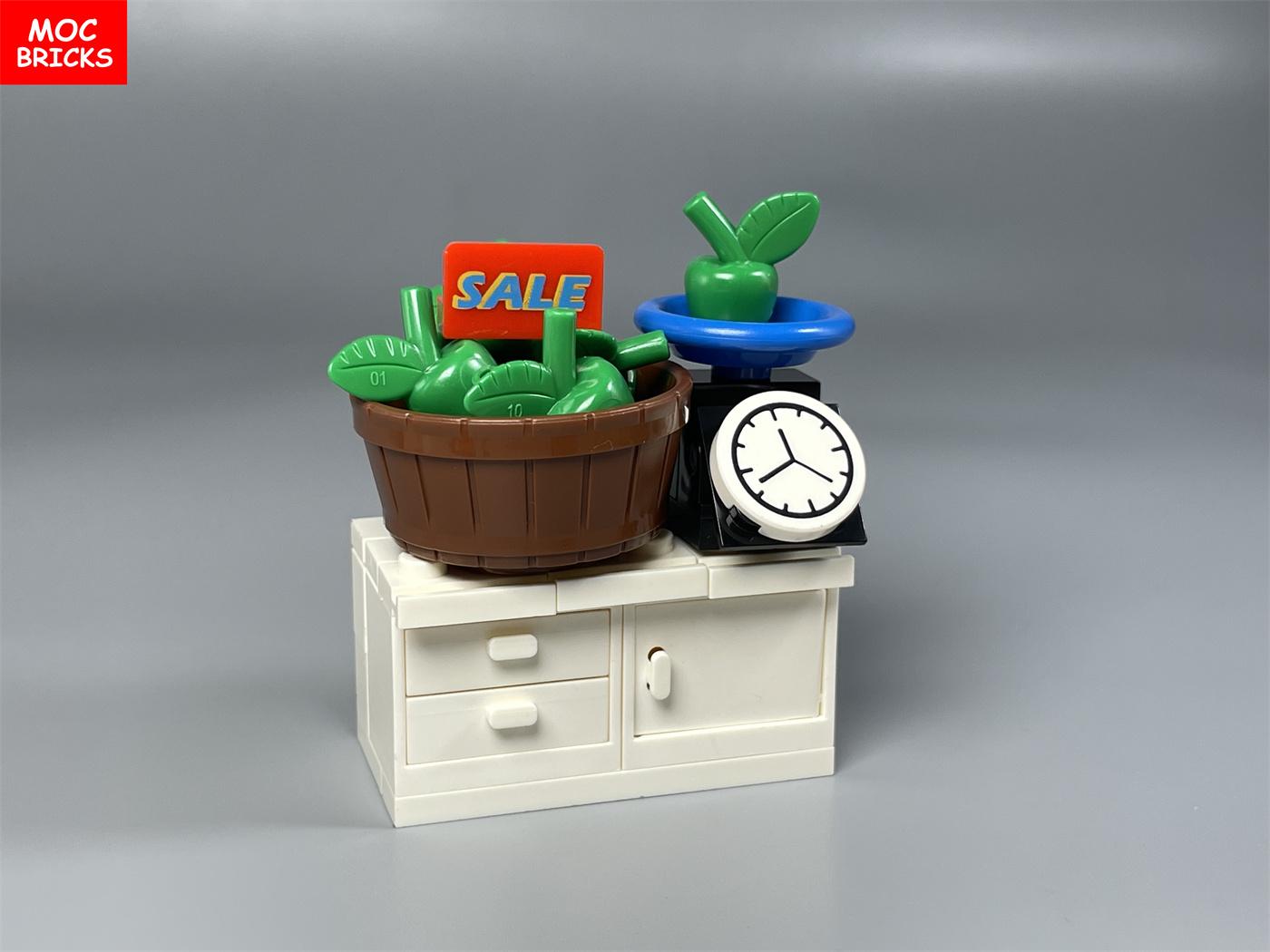 MOC Stenen Voedsel Fruit Display Plank Gereedschap Stad Keuken Accessoires Educatief Bouwstenen Kinder Speelgoed
