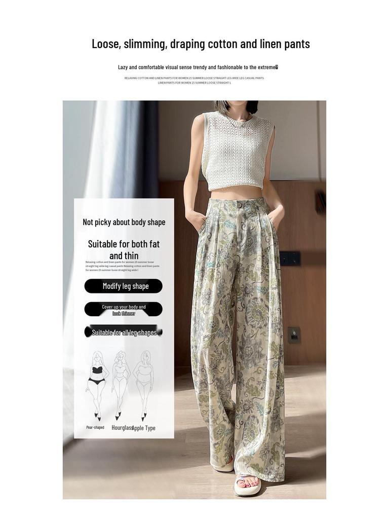 Women's High-Waist Retro Print Wide-Leg Linen Pants - Spring 2026 Collection