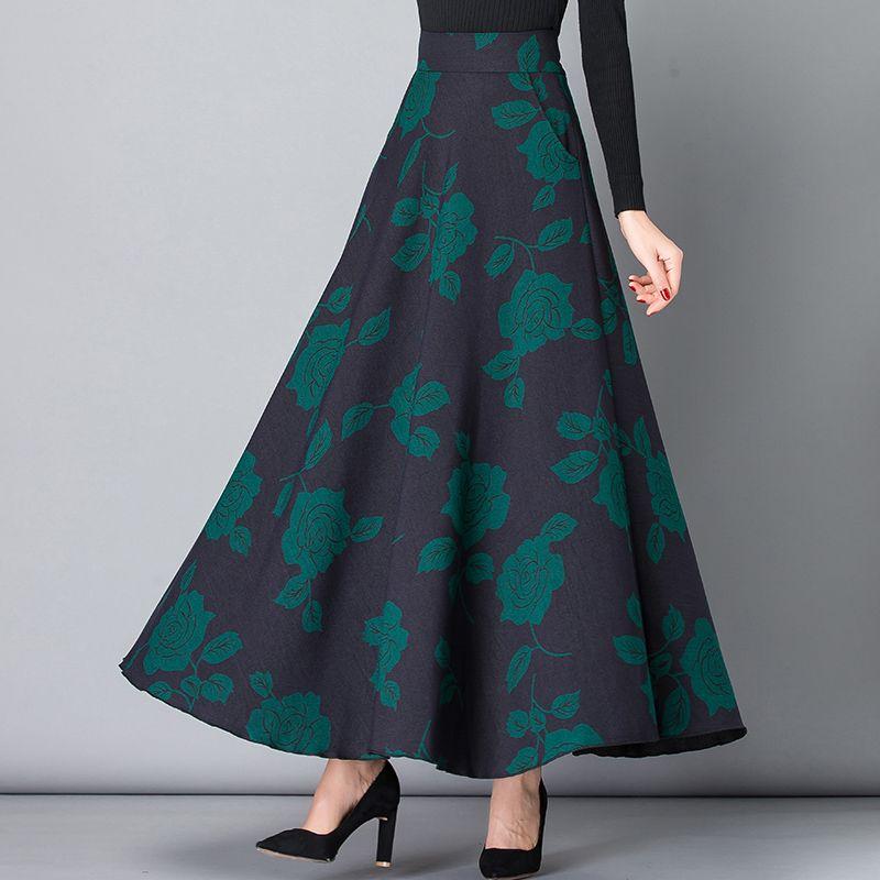 Herbst- und Winterrock Damen Ethnischer Stil Druck Hoher Bund A-Linie Rock Mittellang Großer Schwingender Rock Tanzender Winterrock