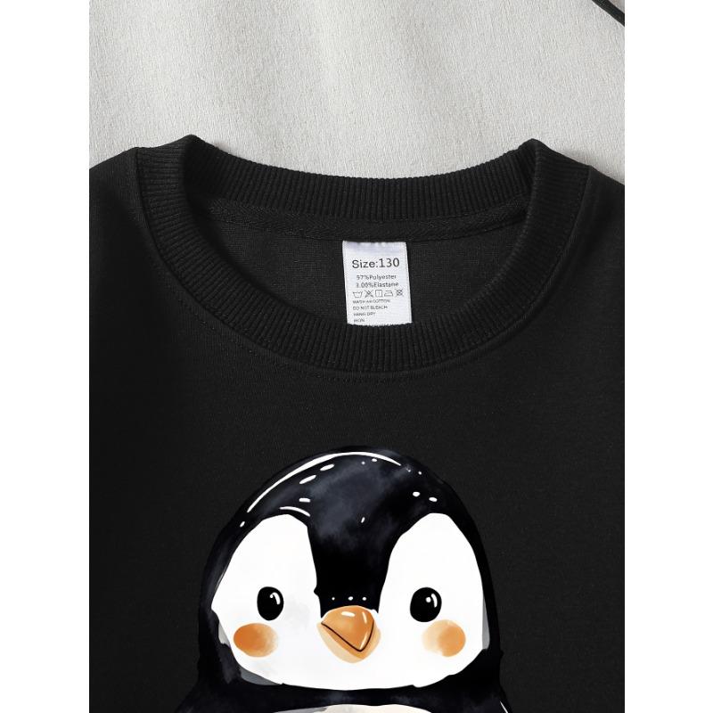 European sizes Girls' Soft Crewneck Sweatshirt, Cute Watercolor Penguin Print, Casual for Fall Winter, Ideal Holiday Present.