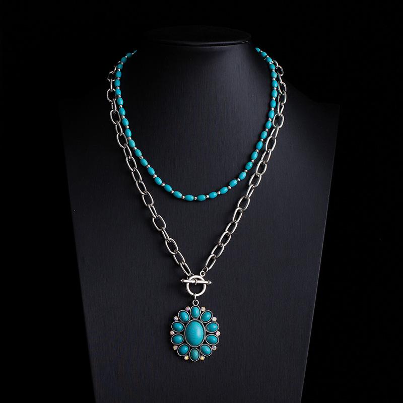 Bohemian Retro Ethnic Style Turquoise Necklace Female Western Denim Style Multi-Layered Wearing High-End Sweater Chain