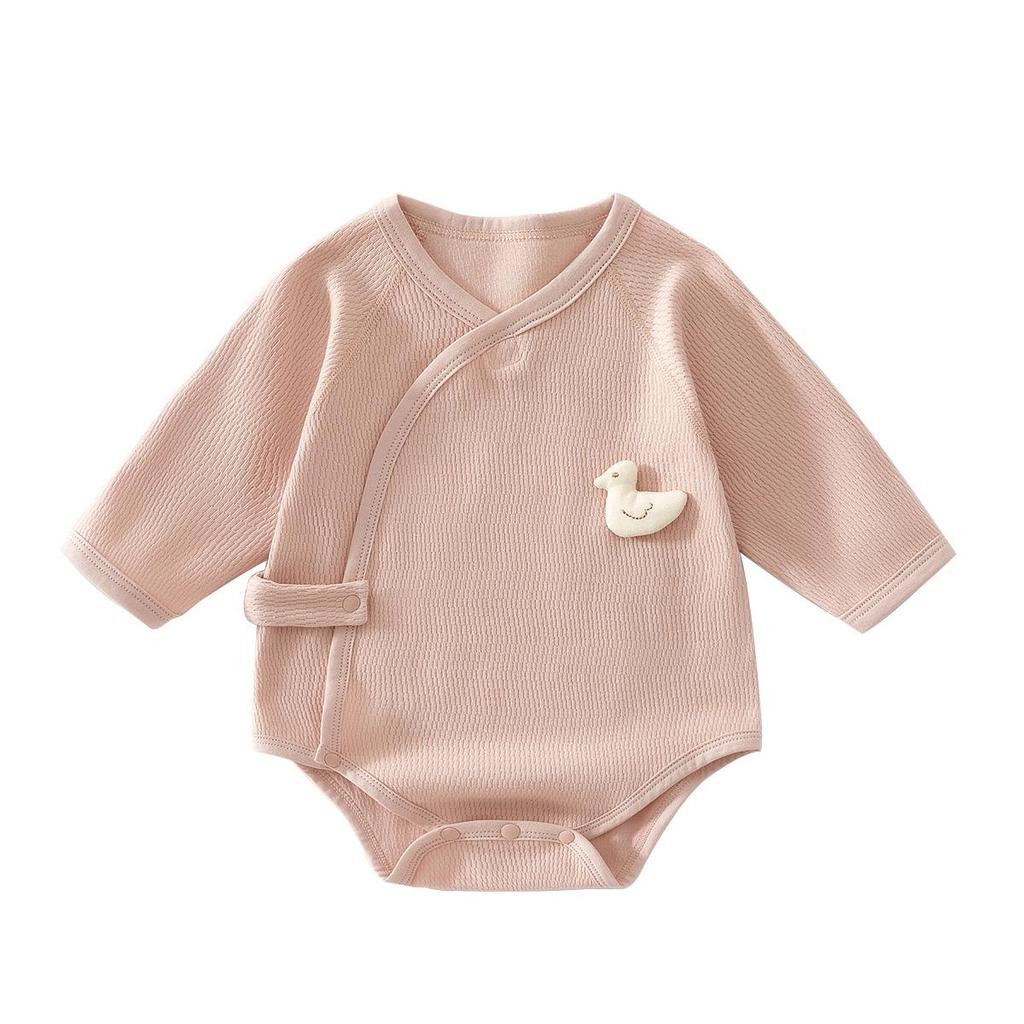 Infant Pure Cotton Long Sleeve Bodysuit with Off-Center Placket - Newborn Spring Romper