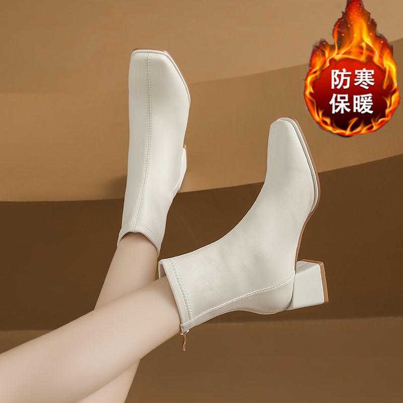 

Короткие женские ботинки из мягкой кожи с квадратным носком и толстым каблуком, новинка 2024 года, одинарные ботинки на среднем каблуке, французские белые тонкие ботинки из мягкой кожи для женщин 40