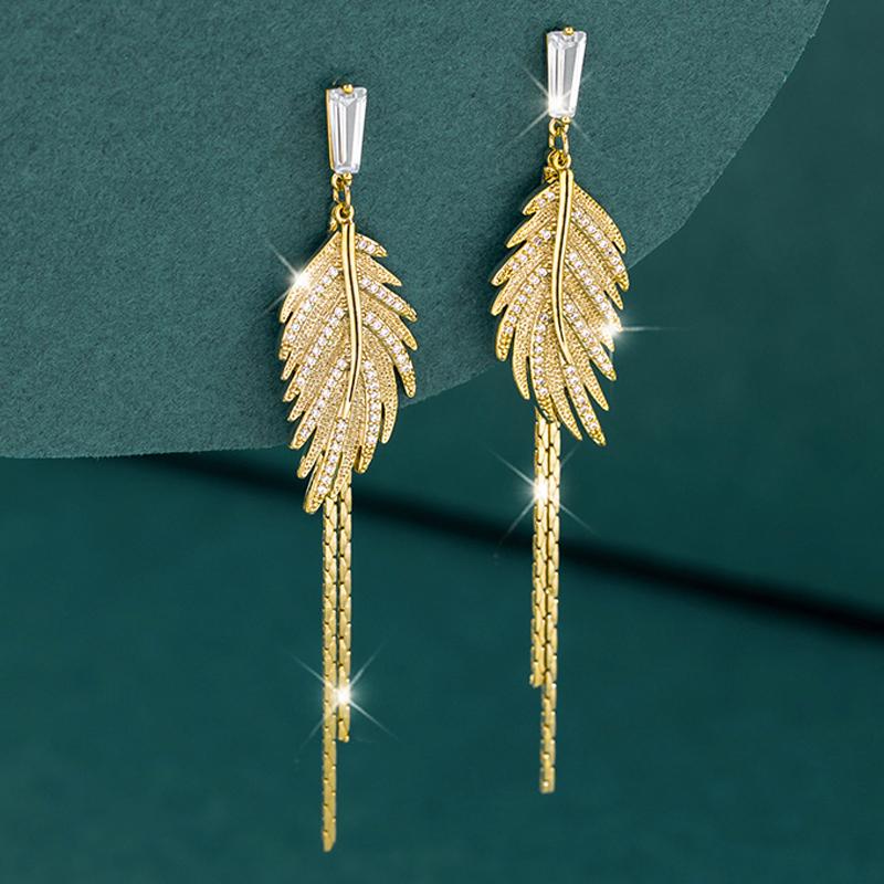 Luxury 14K Real Gold Plated Leaves Tassel Stud Earrings for Women Trending Cubic Zircon Wedding Jewelry