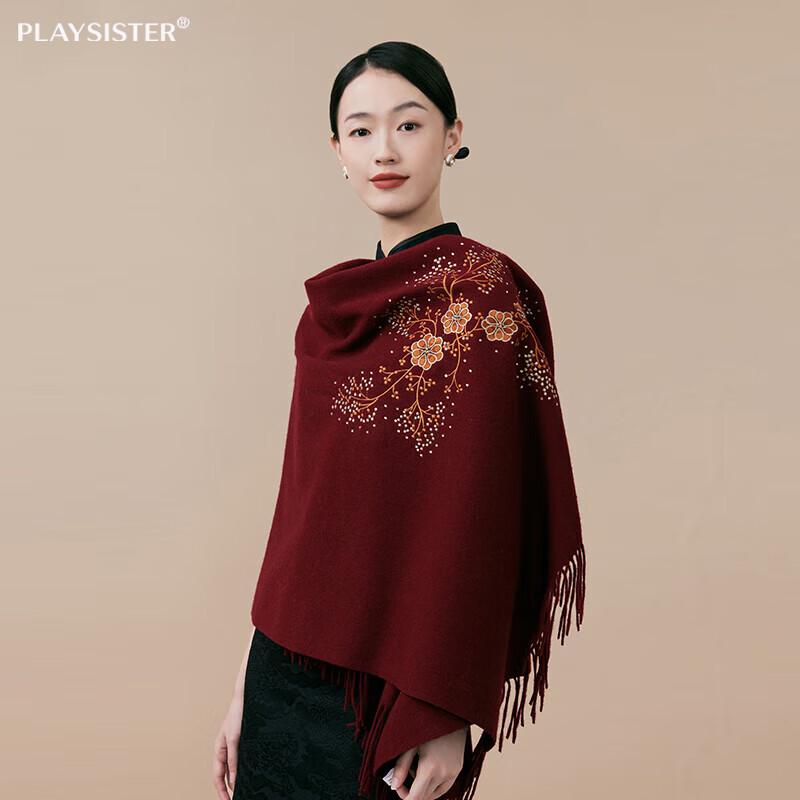 PLAYSISTER High-End Embroidered 100% Wool Shawl Scarf