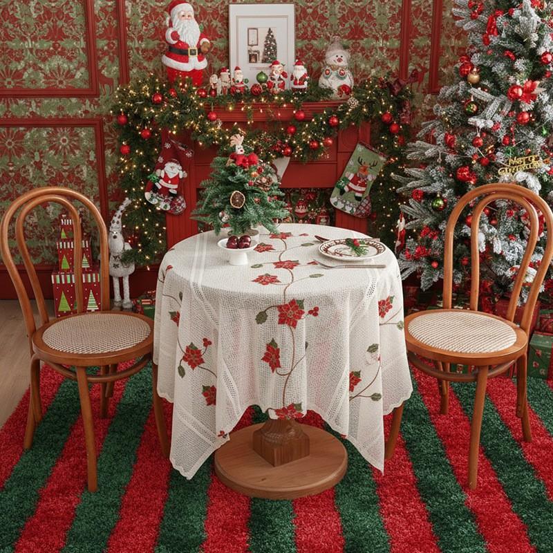 Christmas Tablecloth Red Embroidered Floral Leaf Design Rectangular Table Cover Home Party Decor Dust Protection