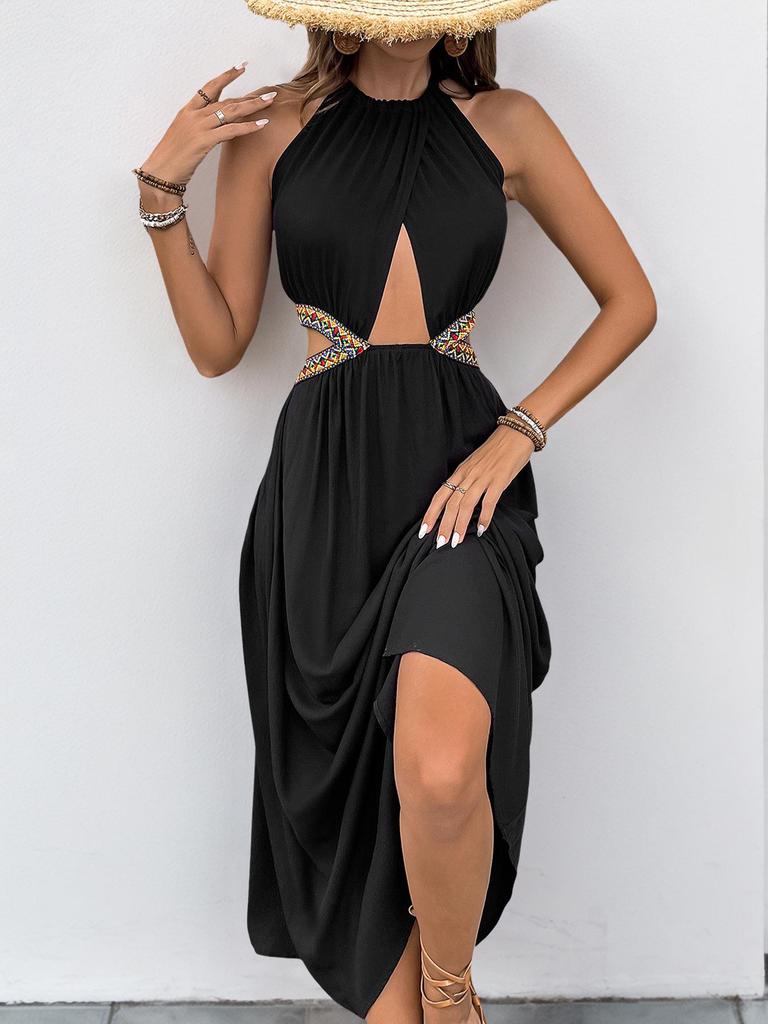 2026 Summer Halter Neck Sleeveless Dress with Hollow-Out Waist and Long Skirt for Women