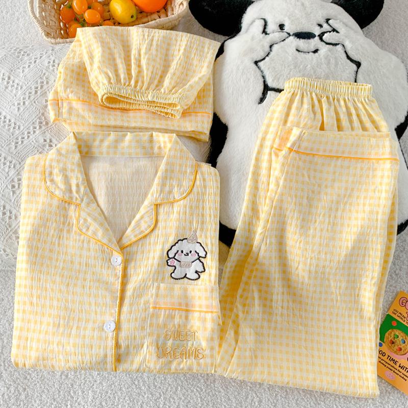 Milk Yellow Grid Line Puppy Pajamas Women'S Summer High-Value Cloud Cotton Loungewear Short-Sleeved Three-Piece Set