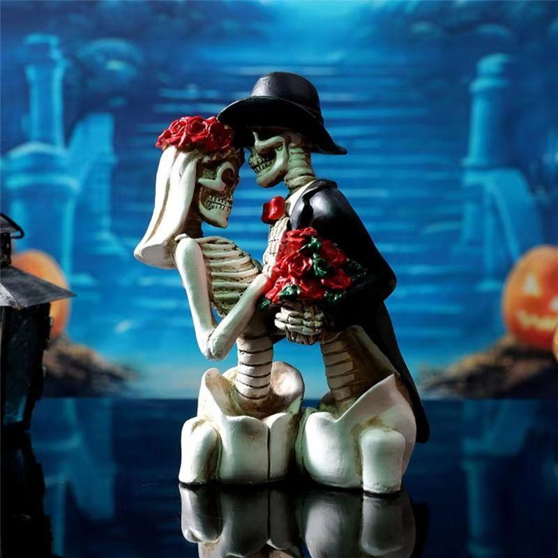 M-Modern-Resin Skeleton Figurine Halloween Decoration Gothic Lovers Romantic Bride & Groom Figurine Wedding Statue Gifts