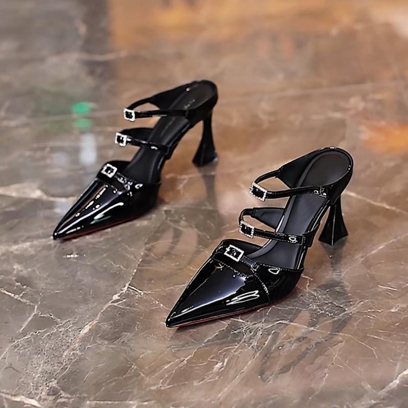 Fashion 2025 New French Lady Pointed Toe Rhinestone Patent Leather High Heel Sandals Slimming Open Toe Women Shoes