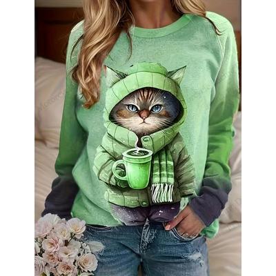 Fun Cartoon Cat 3d Printed Sweatshirts for Women, Fashionable Crew Collar Animal Sweatshirts for Women,long-sleeved Casual Wear