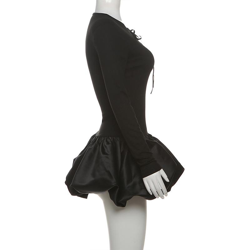 Autumn Women's Temperament Sexy Lace-up Flower Buds Short Skirt Long-sleeved Slim Dress