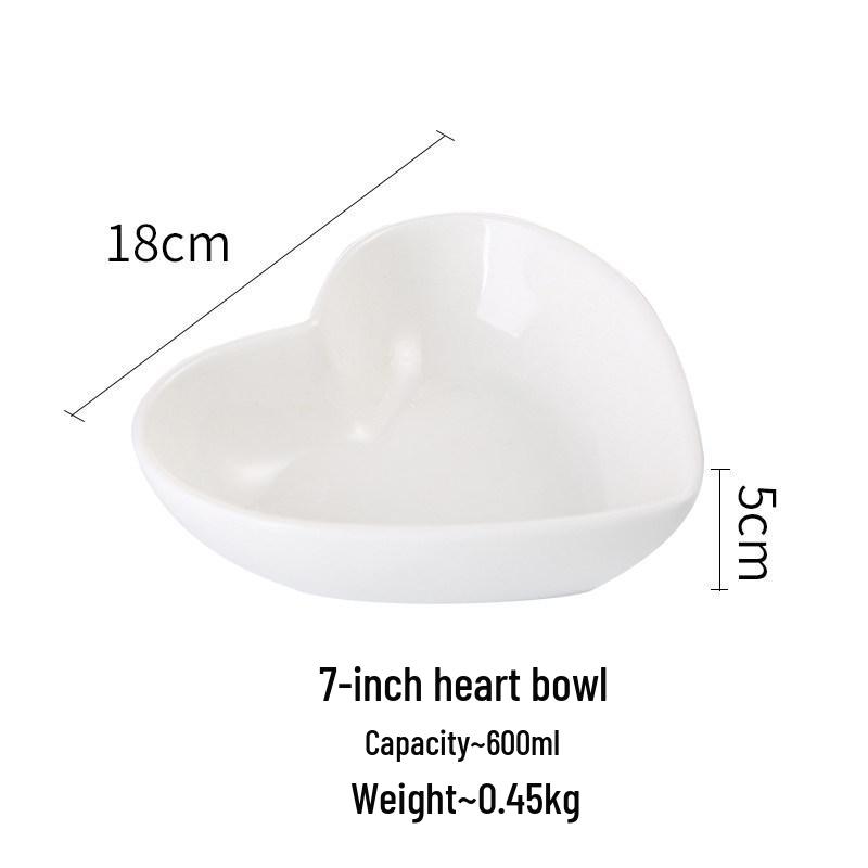 Pure White Heart-Shaped Ceramic Bowl and Plate Set - Ideal for Fruit, Salad, Sauce, Baking, and Soup.