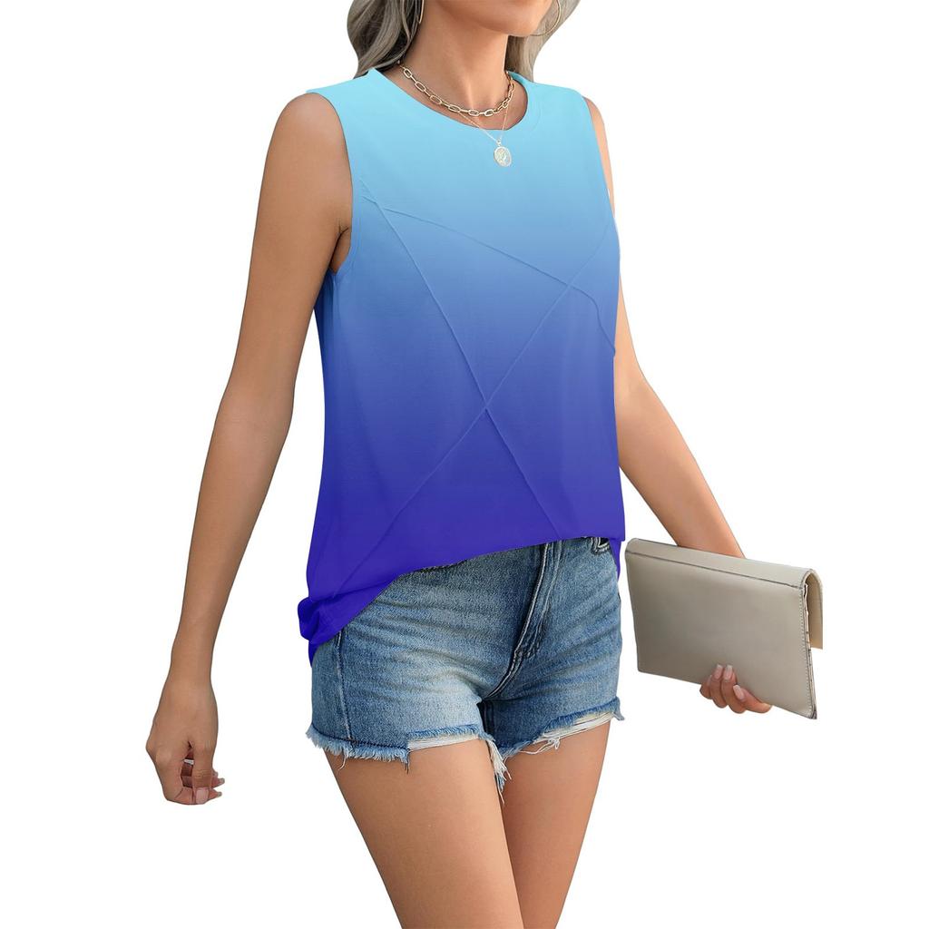 Women's Summer Vest Loose Pleated Round Neck Shirt Casual Sleeveless Top
