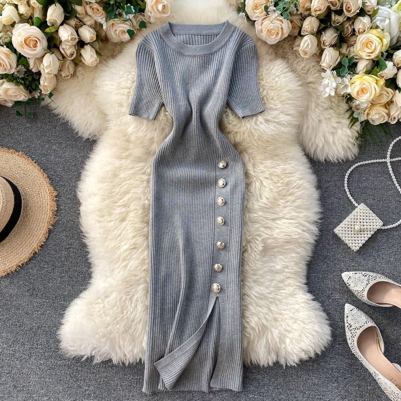 Korean Simple Solid Color Breasted Slim-fitting Short-sleeved Knitted Split-ended Hip-wrapped Dress