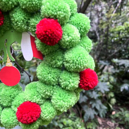 13 Inch Christmas Green Elf Wreath for Front Door Plush Pompom Ball Wreath with Wooden