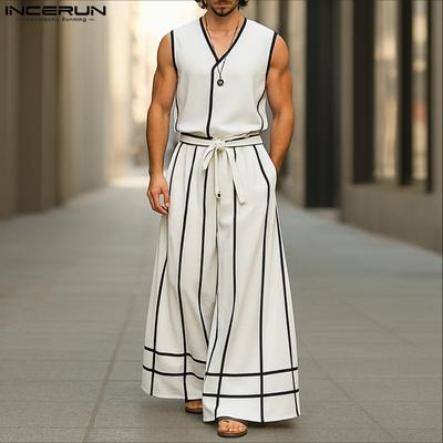 2PCS Two Pieces Men Sleeveles Stitching Shirts and Long Pants Outfits Sets