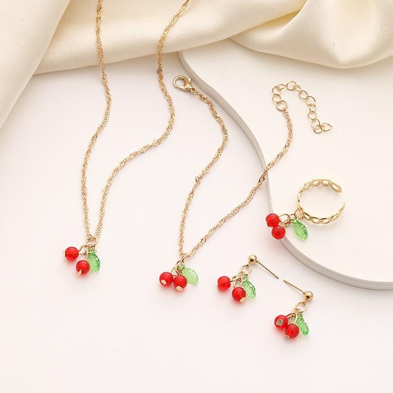 Sweet Cherry Necklace And Earring Set For Women Cute Fruit Jewelry Summer Accessories
