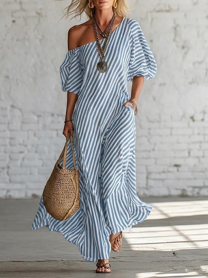 European and American Women's Fashion Spring Elegant Striped Off-the-shoulder Dress