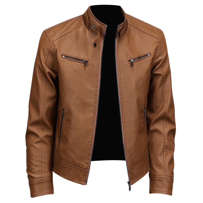 Men's Trendy American Stand-Collar Faux Leather Motorcycle Jacket with British and Korean Style