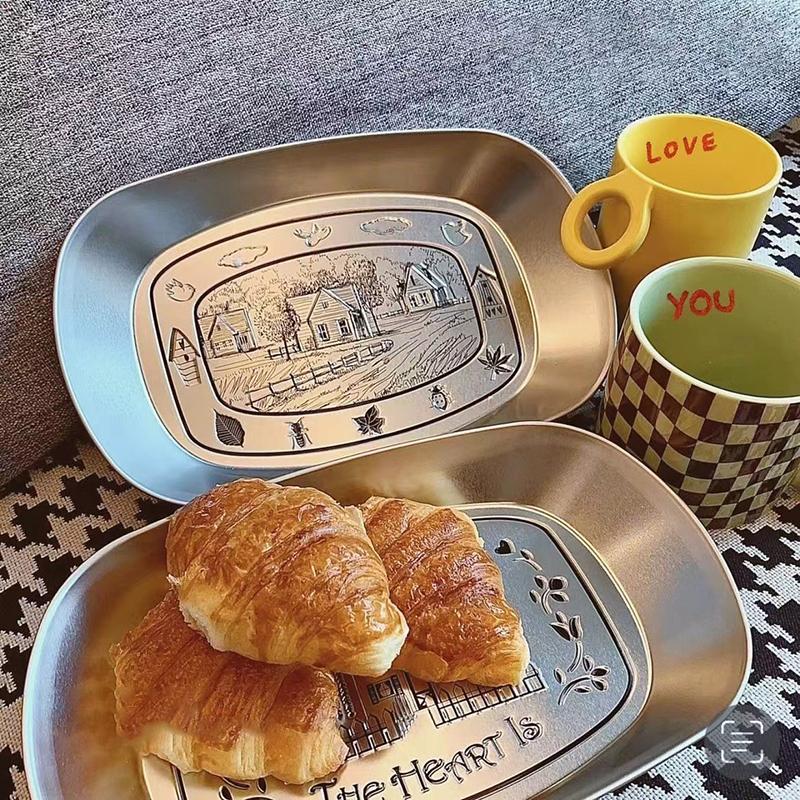 Metal Serving Dish Vintage Tinplate Dinner Plate Stainless Steel Serving Tray Round Seasoning Plates Set For Fruits For Dining