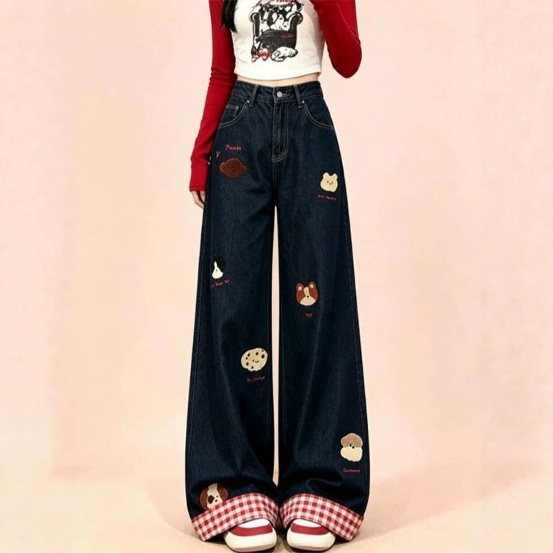 Hosen mit weitem Bein, schwarzes Handtuch-Stickdesign, Herbst-Jeans mit hohem Bund, dünn, gerade, Kinder