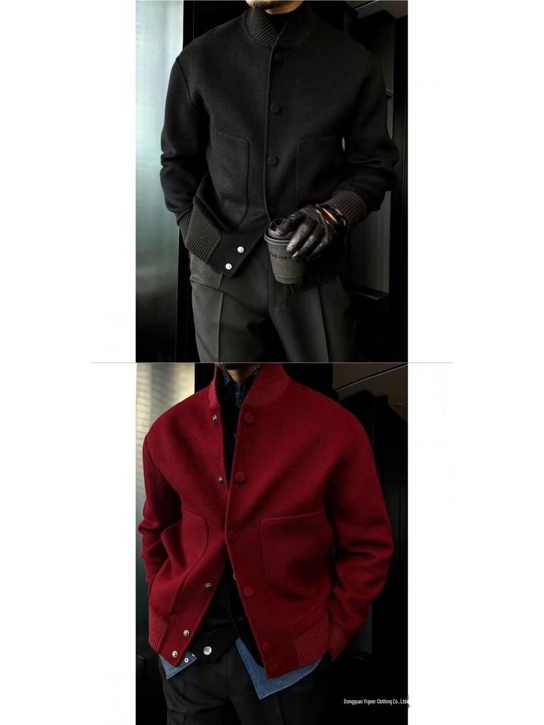 Men's 2025 Autumn/Winter Woolen Coat, Hong Kong Style, Solid Color, Stand Collar, Versatile and Trendy.
