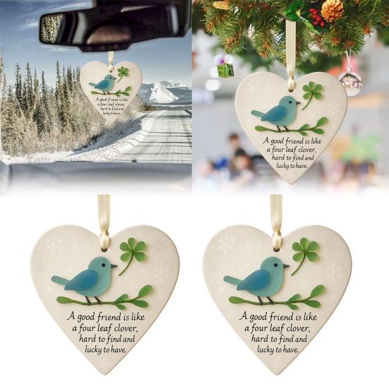 Heart Shaped Sea Glass Friendship Decor Sea Glass Bird And Four Leaf Clover Heart Ornament for Xmas Tree Friendship Keepsake for Best Friends