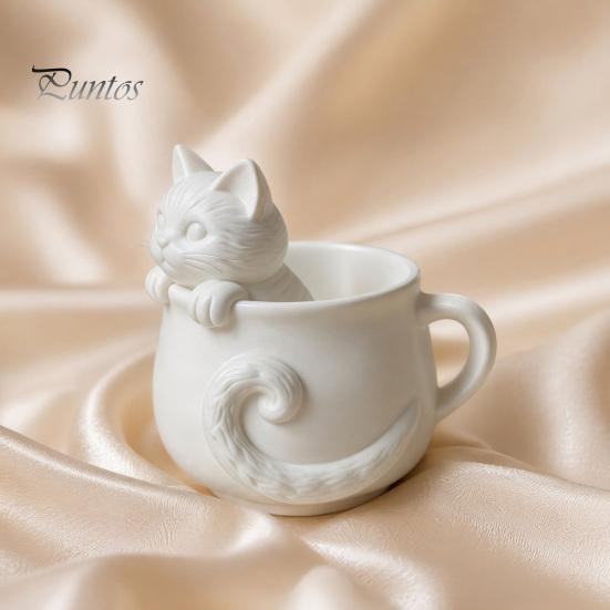 White Cat Teacup Ornament 3D Printed Teacup, Cute Coffee Cup, Figurine Shaped Desk Accessory Mugs, Holiday and Birthday Gift for Milk Tea Lovers