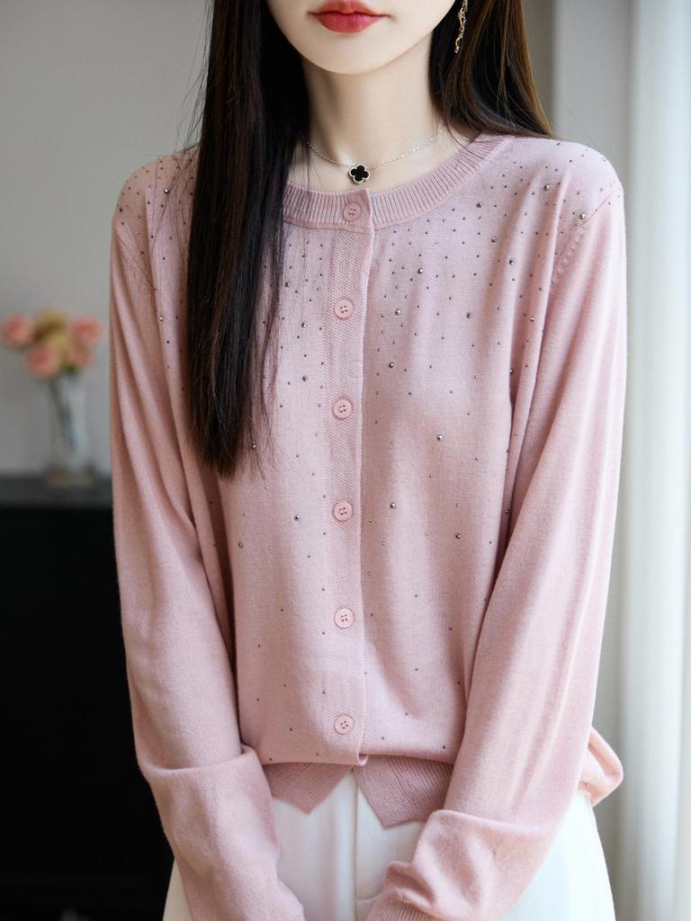 Luxury Rhinestone Wool Cardigan, Colorblock Collar Design, Versatile Women's Autumn/Winter Sweater