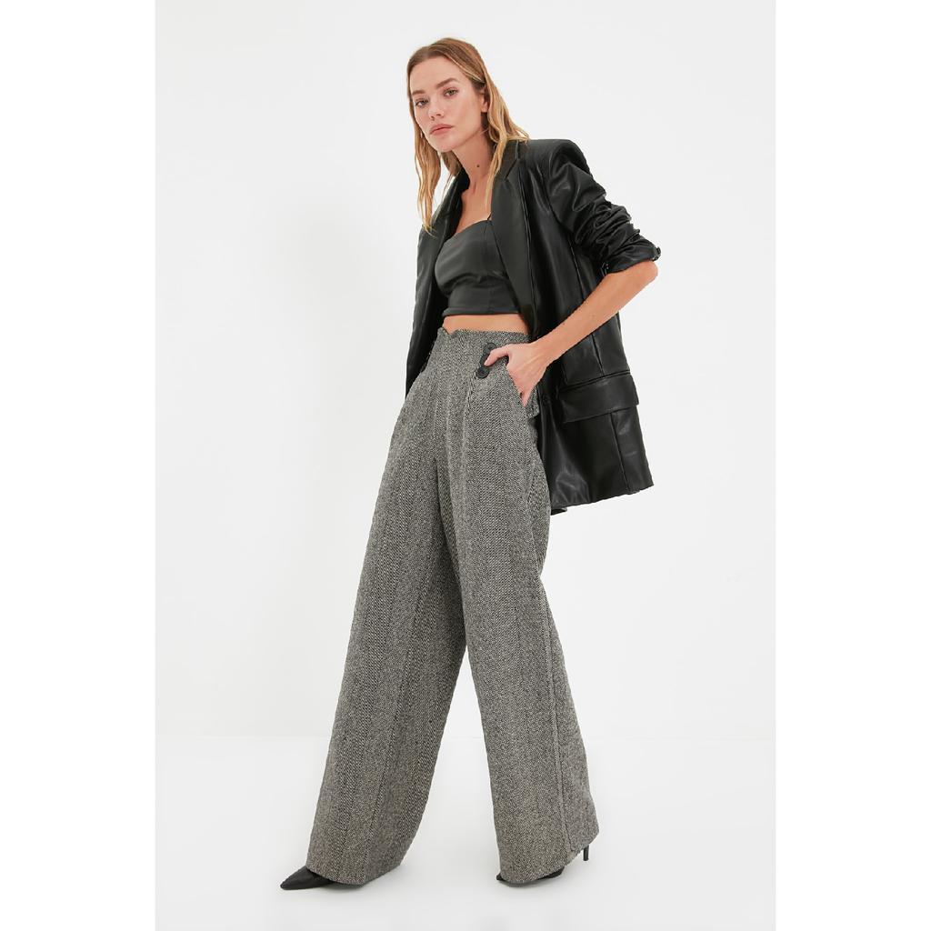 Szare, szczegółowe, tkane spodnie z szerokimi nogawkami i guzikami Twoaw21pl0492