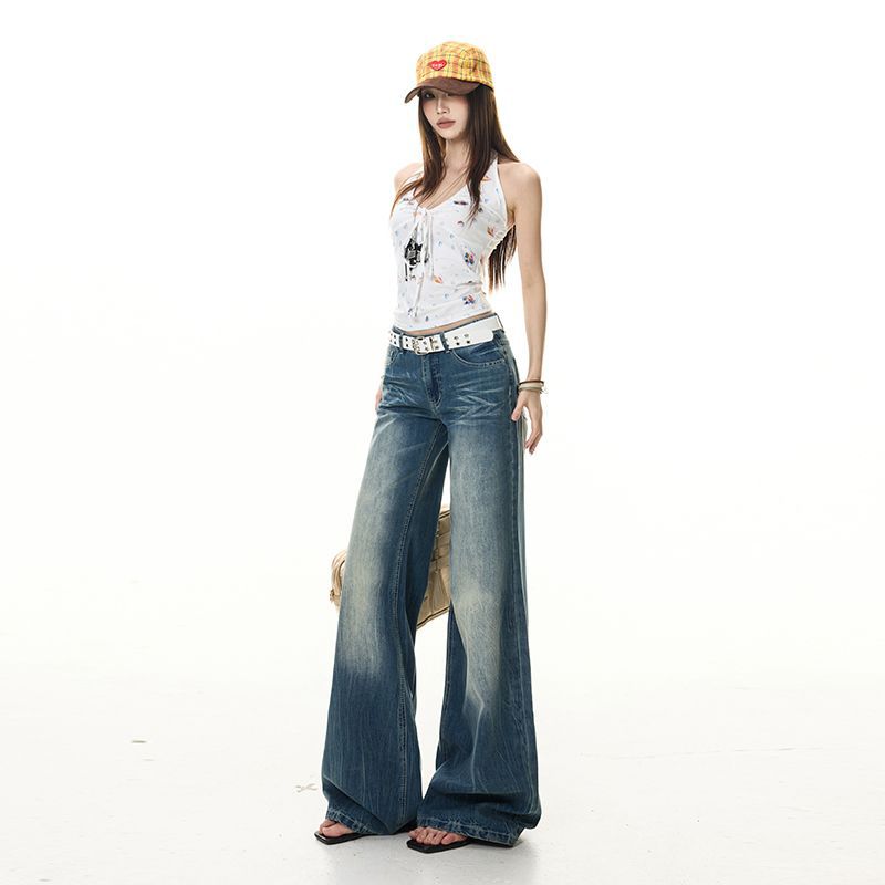 Spring Summer Thin Vintage Crease Retro Wash Craft Micro Flare Denim Pants For Women Casual Pants Oversize Denim Trousers
