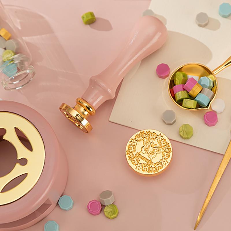 Wachssiegel Stempel Set Holz Wachsschmelz Lackofen mit Löffel Wachsperlen Schmelzheiztopf Hochzeitsfeier DIY Geschenk Dekoration