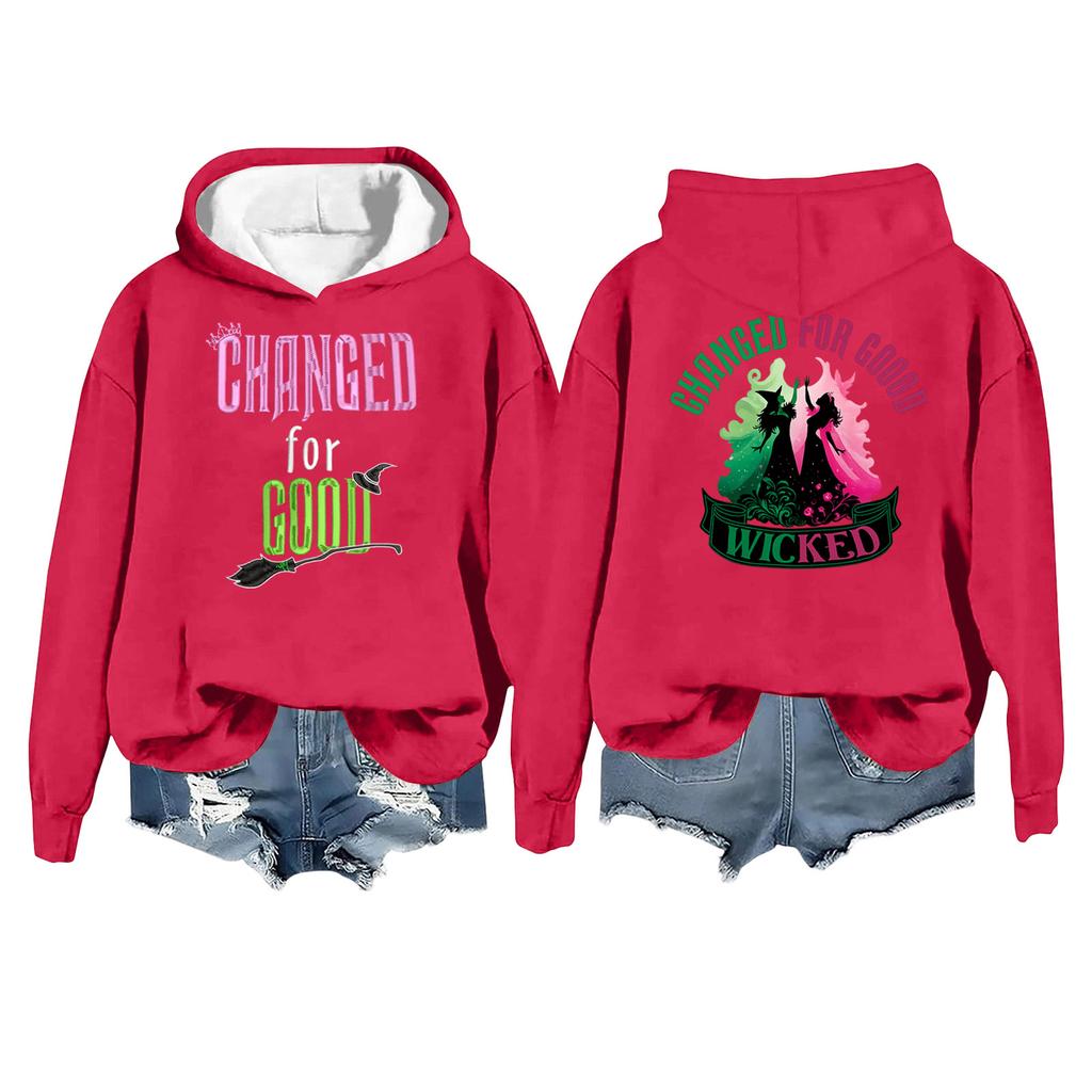 Women's Casual Long Sleeve Pullover Witch Print Hooded Sweatshirt