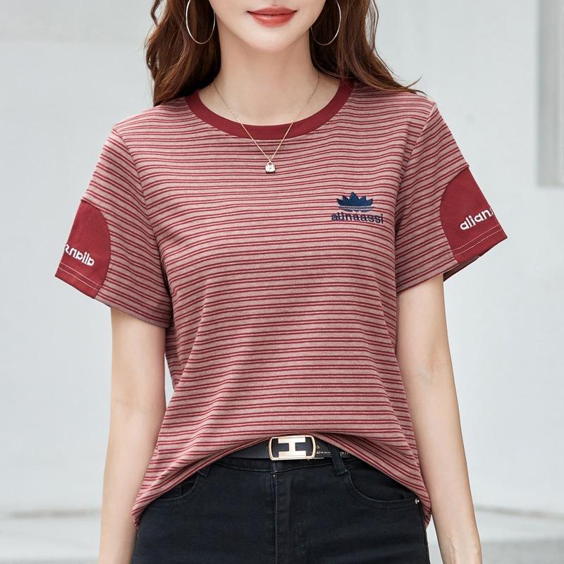 Women's Summer New Stripe Loose Casual Round Neck with Foreign Style Short Sleeved Top