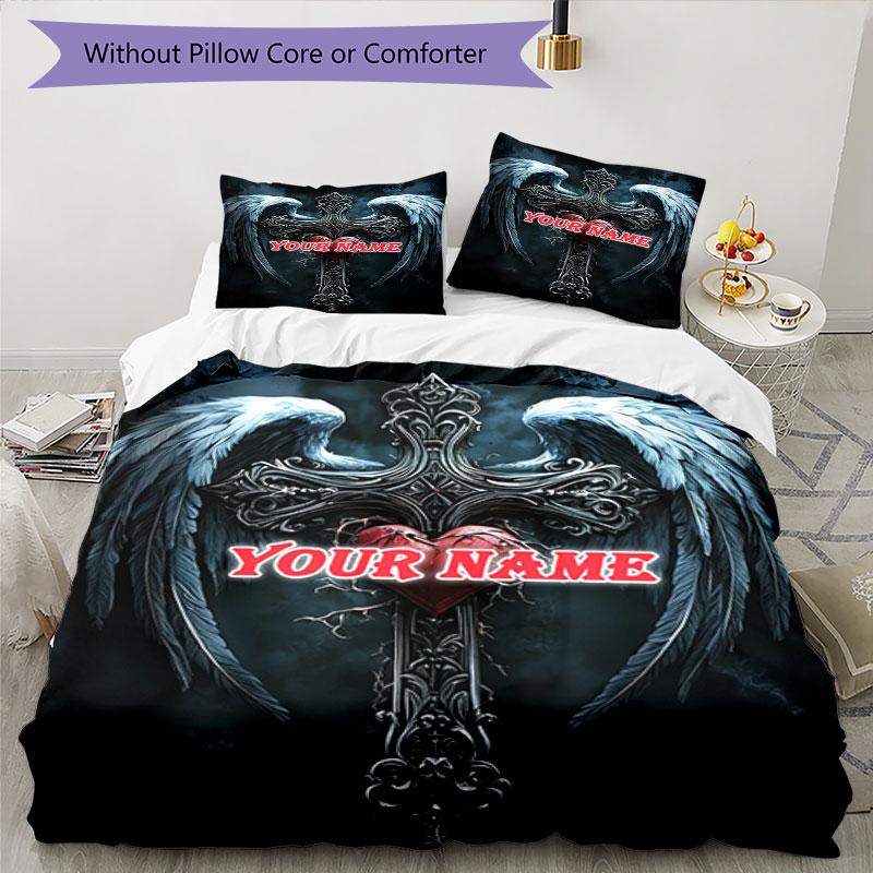 3PC Custom Name "Angel Wings Cross Heart" Bedding Set Duvet Cover Closure Includes 1 Duvet Cover & 2 Pillowcases for Bedroom