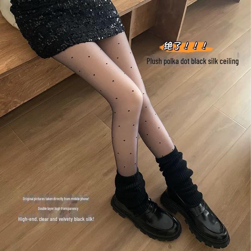 Double-Layer Polka Dot Black Silk Plus Velvet Pantyhose - Sheer Bare Leg Effect, Large Size, Thick for Autumn/Winter