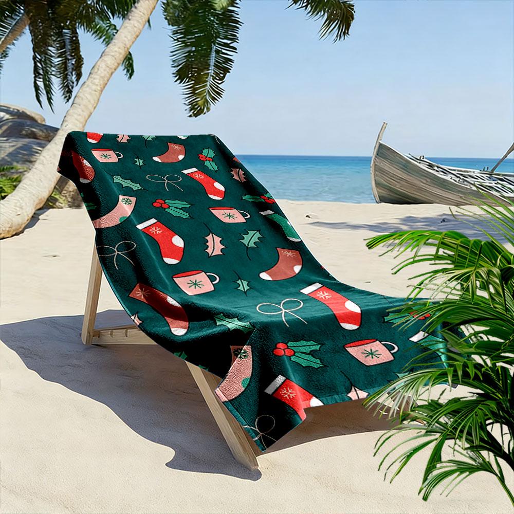 Festive stockings and holly Print beach towel, quick drying, suitable for travel, outdoor sports, jogging, the beach and swimming, gift