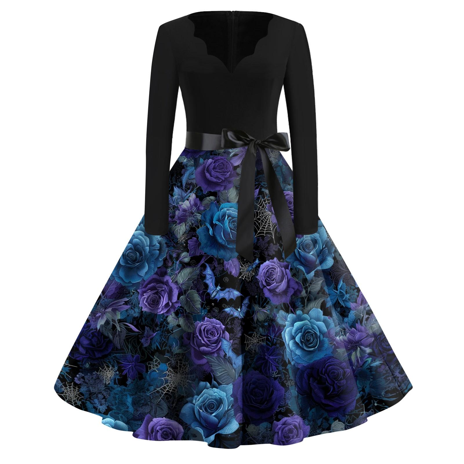 

Women s Casual V Neck Halloween Print Vintage Dress Long Sleeve Retro Swing Skirt Belted Waistline Classic Fit Flared Hem L синий