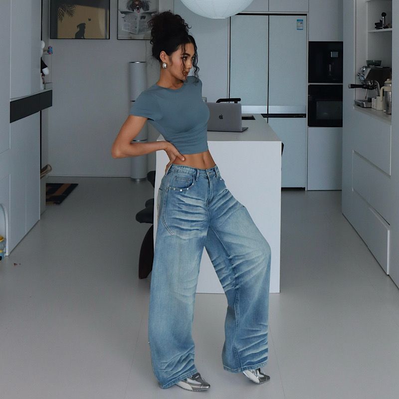 [Gyaru Retro] Western Style Gyaru Jeans Women High Waist Slimming Straight Wide Leg Casual Pants Pants