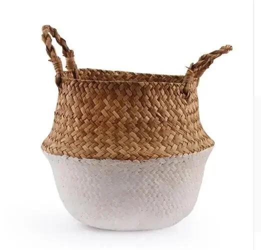 Foldable Rattan Grass Handmade Bamboo Storage Basket Laundry Grass Patchwork Wicker Rattan Seagrass Belly Garden Flower Pot