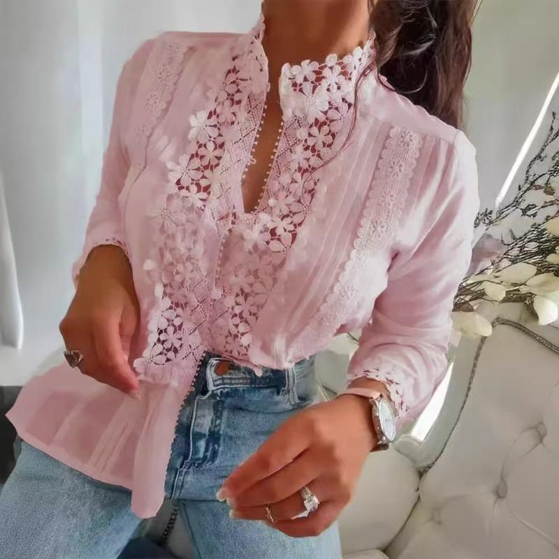 Spring Autumn Sweet Lace Stitching Women Shirt Loose Casual Office Blouse Long Sleeve Stand Collar Elegant Sexy Hollow Out Crochet Top Simple Clothes