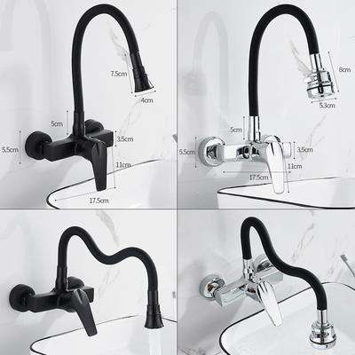 ELLEN Wall Mount Kitchen Sink Faucet Hot Cold Sink Water Mixer Tap 2 Holes Black Faucets 360 Degree Swivel ELK5400