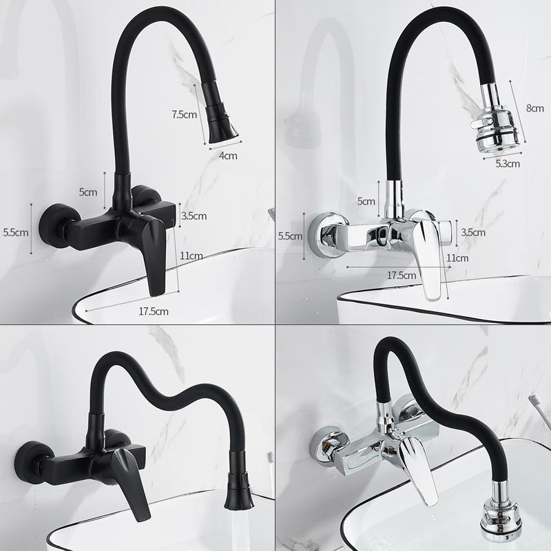 ELLEN Wall Mount Kitchen Sink Faucet Hot Cold Sink Water Mixer Tap 2 Holes Black Faucets 360 Degree Swivel ELK5400