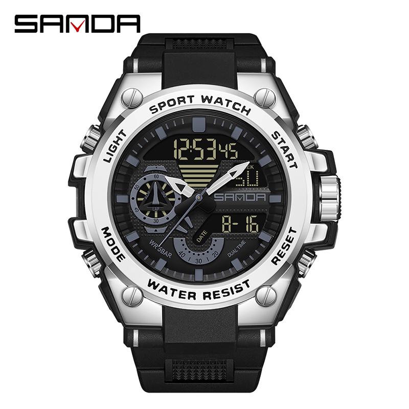 SANDA Luxury LED Dual Display Digital Quartz Watch for Men Shockproof Waterproof Sports Wristwatches Student Watch
