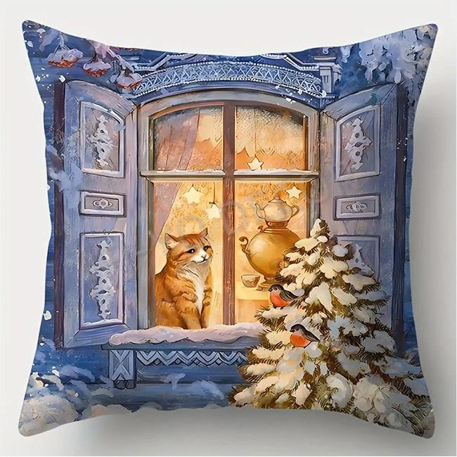Home Decor Winter Windows and Cozy Christmas Scenes Pattern Cushion Cover Suitable for Sofa Bedroom Car Pillow Cover