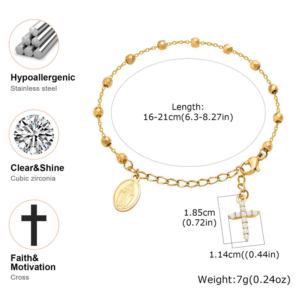 Charme Zirkonia Kreuz Rosenkranz Armband für Damen, Edelstahl Maria Verstellbares Glied, Religiöser Schmuck Geschenk