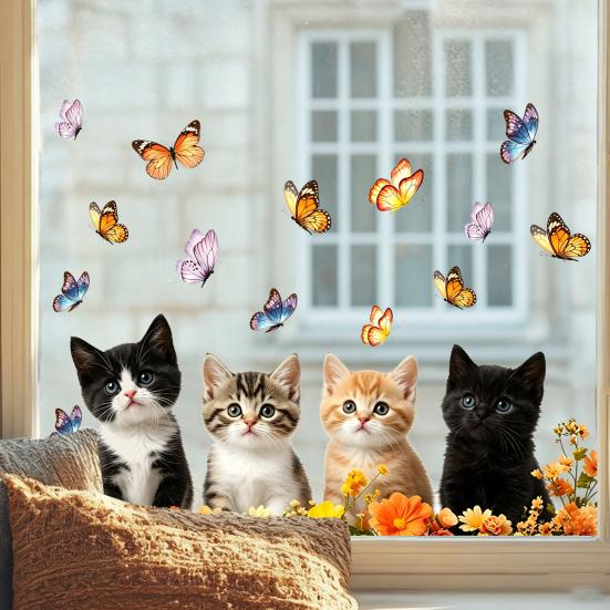 Adesivo Vetro Statico DYS Gatto Farfalla, Decalcomania Decorativa Impermeabile Animale per Finestra, Adesivo Rimovibile Animale Domestico per Camera da Letto Balcone Cucina