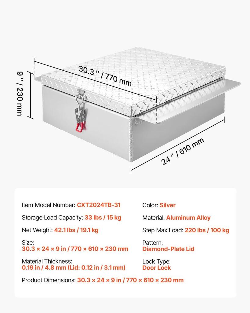 Truck Bed Tool Box, Heavy Duty Aluminum Tool Box with Diamond Plate, Storage Toolbox Chest Organizer Supports up to 100 kg, Ideal for Pickup, Truck