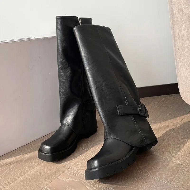 Fashion Elegant Black Belt Buckle Straight Tube Knee High Skirt Boots Women's Autumn Winter Fashion 5cm Thick Heel Western Long Boots
